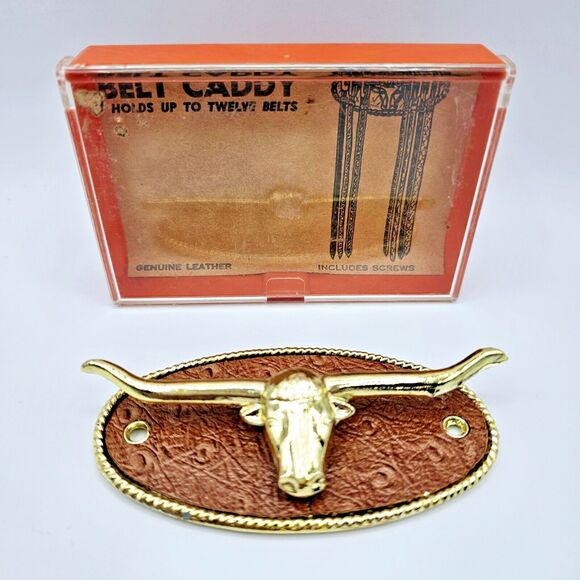 Belt Hanger Vintage Texas Longhorn Steer Brown Leather Gold Tone Holds 12 Belts - Picture 1 of 10